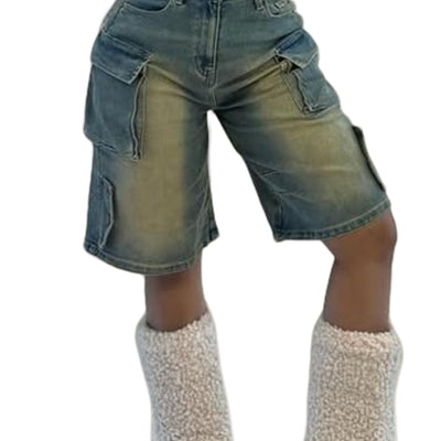 NRTHYE Womens Denim Cargo Shorts Casual Bermuda Shorts High Waisted Fashion Knee Length Jean Shorts