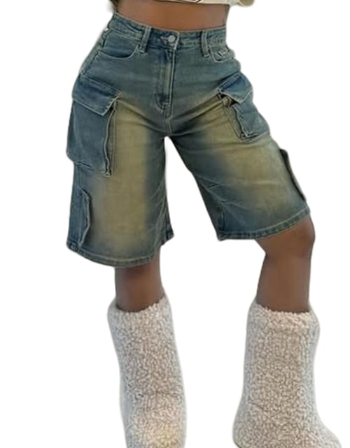 Load image into Gallery viewer, NRTHYE Womens Denim Cargo Shorts Casual Bermuda Shorts High Waisted Fashion Knee Length Jean Shorts
