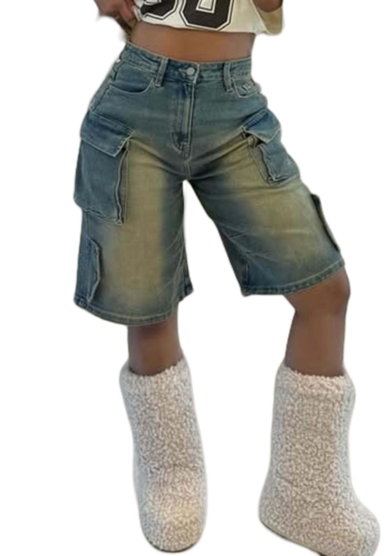 NRTHYE Womens Denim Cargo Shorts Casual Bermuda Shorts High Waisted Fashion Knee Length Jean Shorts