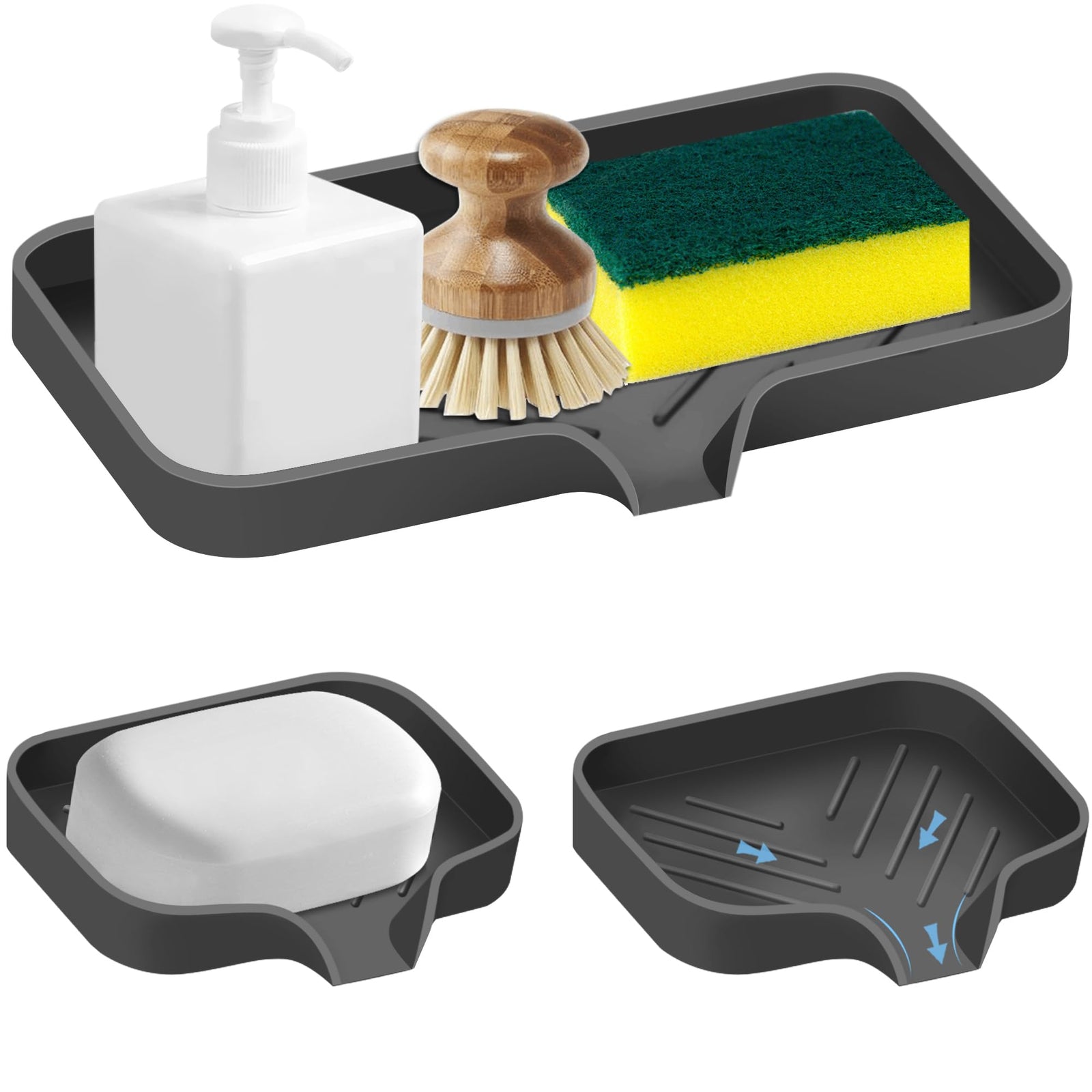 Bandeja para Fregadero de Cocina, 3 Piezas, Soporte de Silicona para Esponja, Organizador de Fregadero, Bandeja de Jabón de Cocina, Jabonera Autoescurrible para Baño