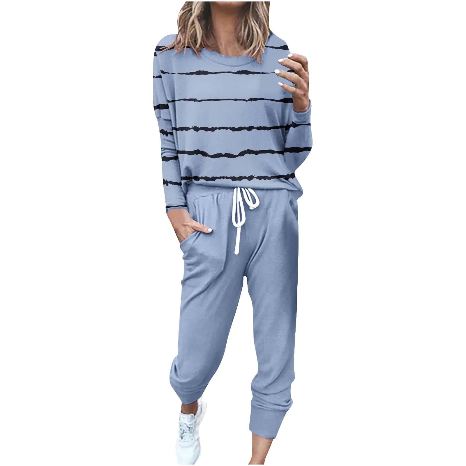 Lastesso Lounge Set Track Suits for Women Set Casual Long Sleeve Loose Fit Stripe Sweatsuits 2 Piece Set Soft Sporty Jogger Sets Sky Blue 2X
