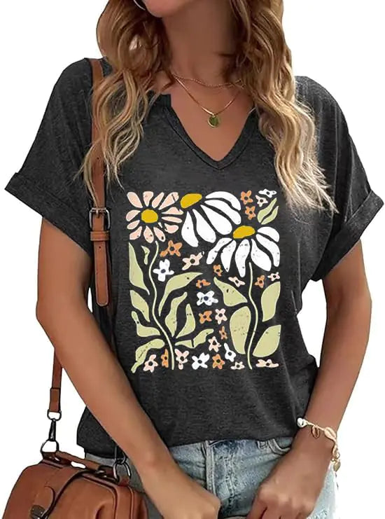 PUCKOLITY Vintage Flower V Neck Shirts Women Boho Floral Wildflowers T-Shirt Retro Wildflower Graphic T Shirts Summer Tee Tops（M4 Dark Grey）