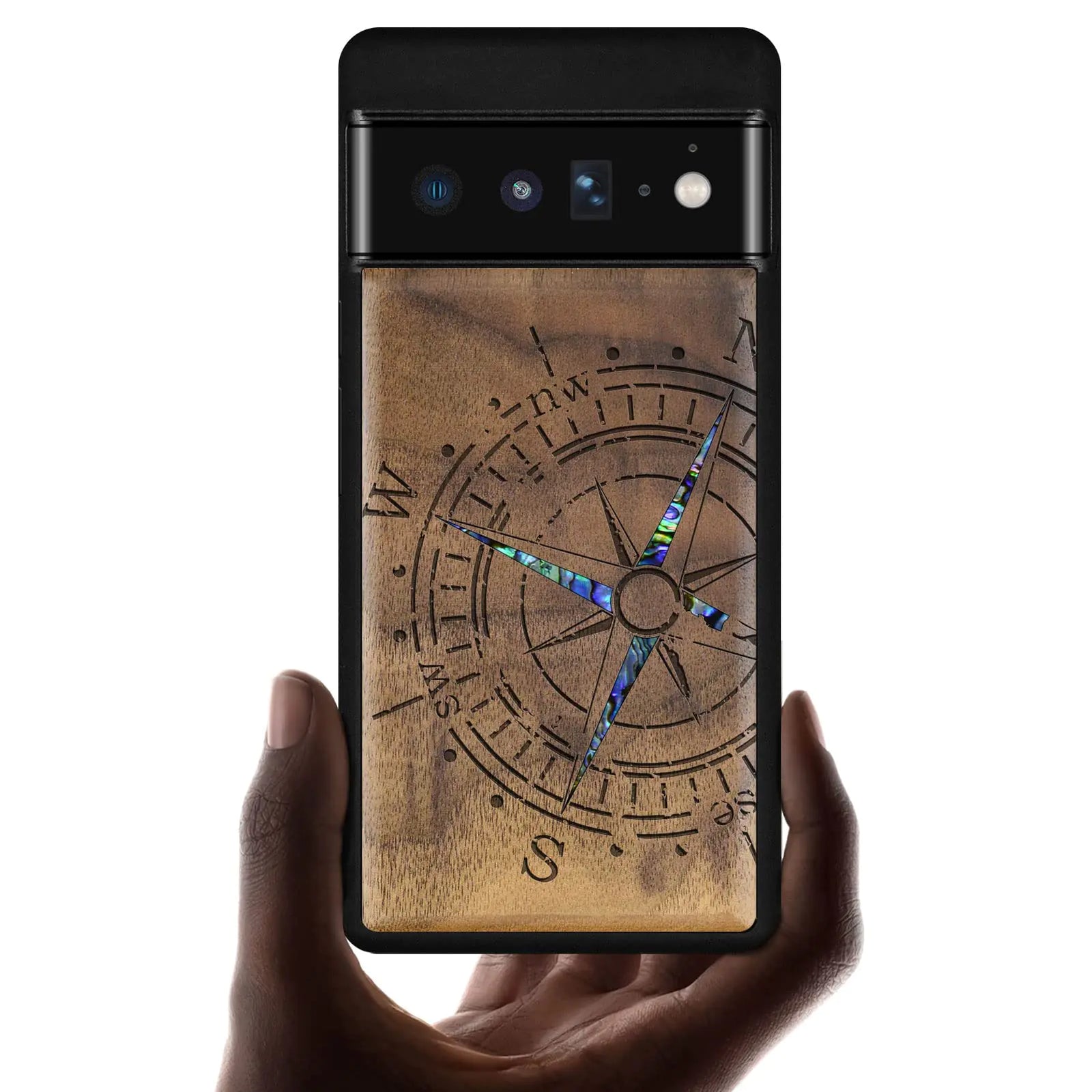 Carveit Funda de Madera de Diseño para Google Pixel 6 Pro [Grabado en Madera y Concha Incrustada] Funda de Teléfono de Madera Única Compatible con Cargadores Inalámbricos Pixel 6 Pro (Brújula-Nogal)