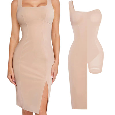 Popilush Leather Dress with Built in Shapewear Side Slit Midi Bodycon Pleather Tank Dresses for Concert Club Party Nude