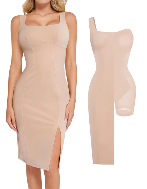Charger l'image dans la visionneuse de galerie, Robe en cuir Popilush avec gaine intégrée, robe moulante mi-longue en similicuir à fente latérale pour concert, club, soirée, couleur nude
