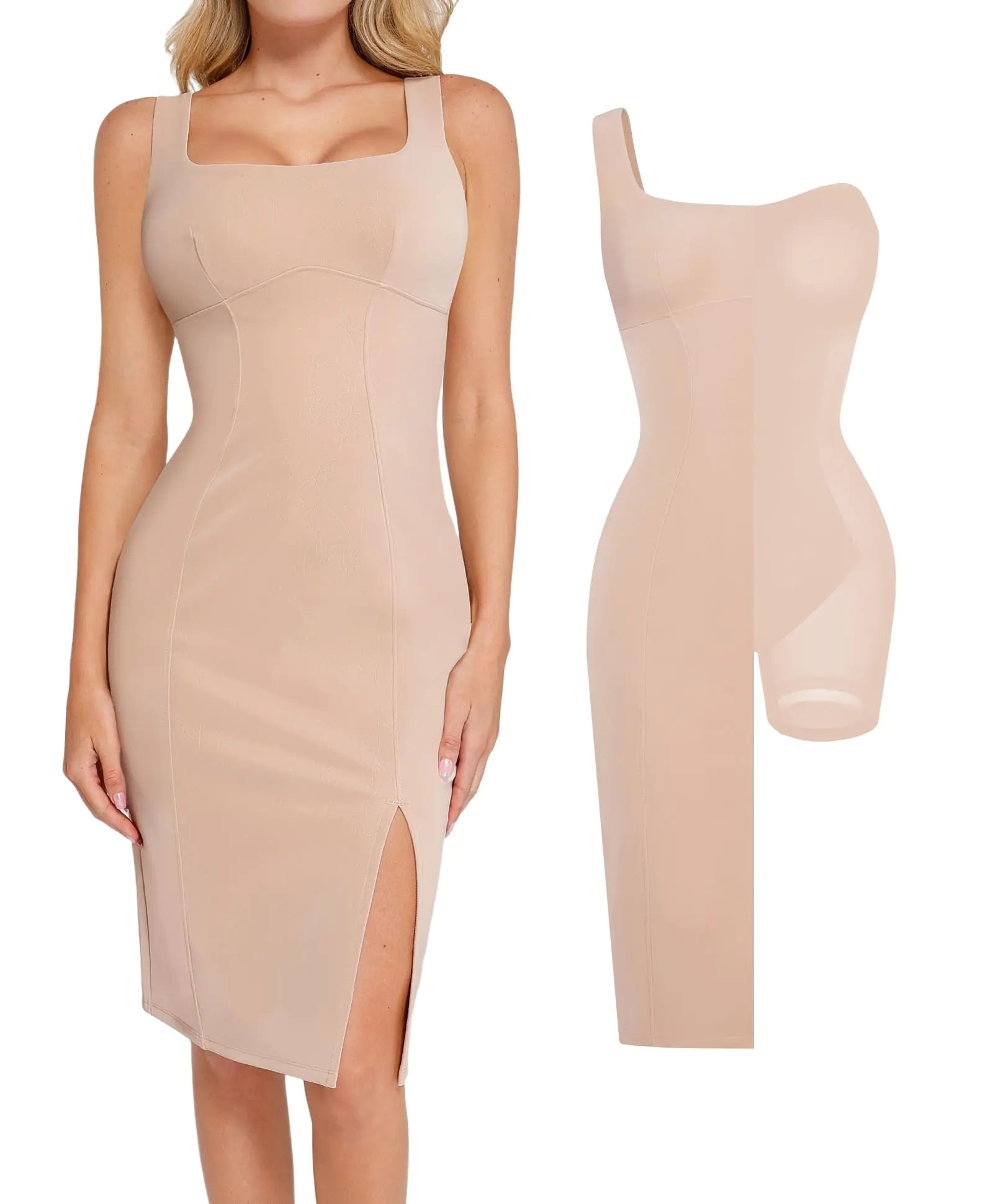 Robe en cuir Popilush avec gaine intégrée, robe moulante mi-longue en similicuir à fente latérale pour concert, club, soirée, couleur nude