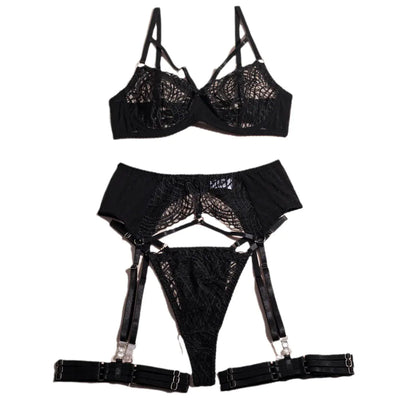 Ensemble de lingerie noire brodée en dentelle avec armatures
