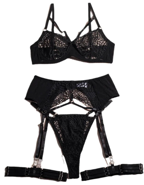 Load image into Gallery viewer, Lace Embroidered Black Lingerie Set with Underwire
