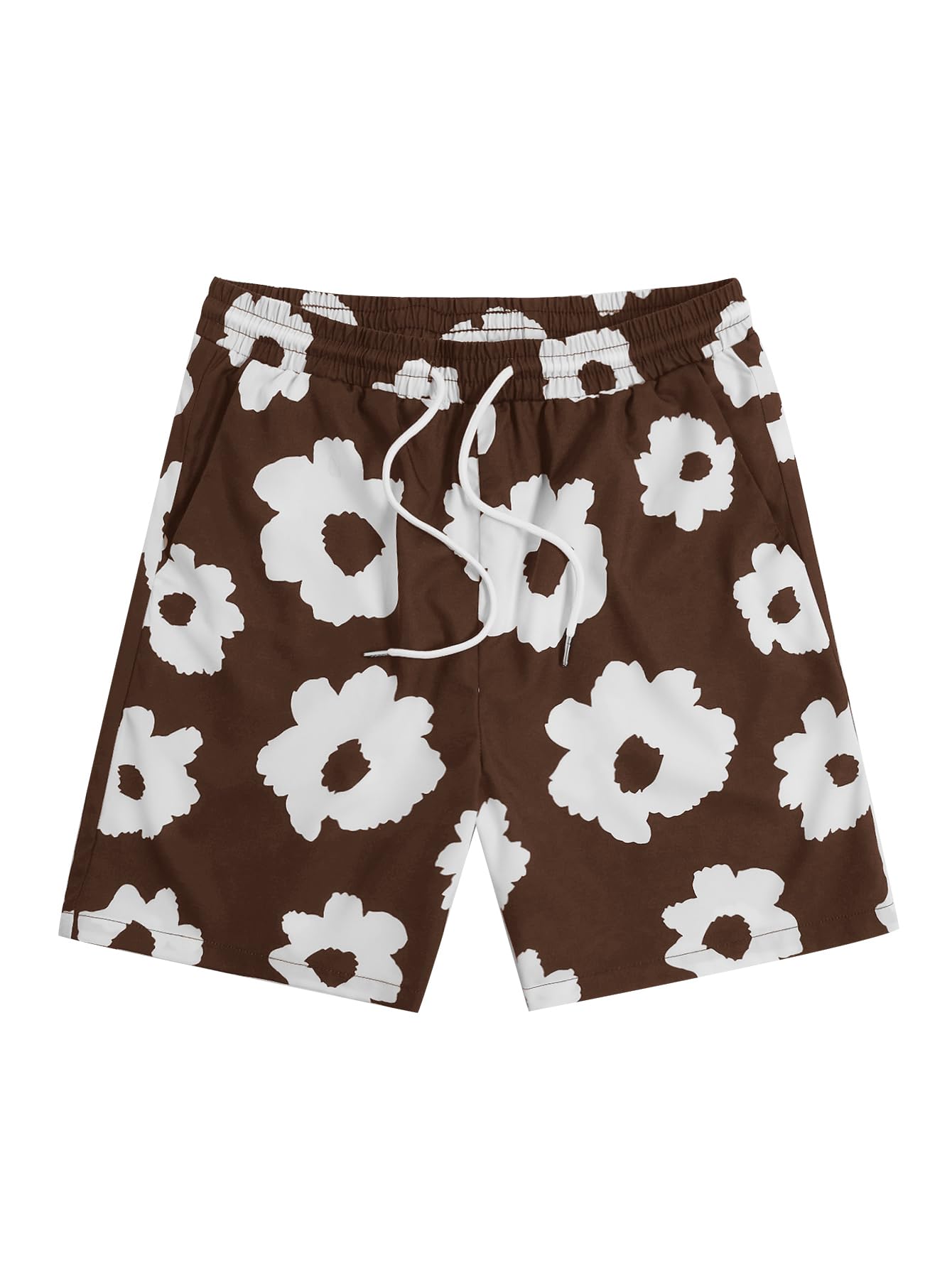 SOLY HUX Mens Floral Print Drawstring High Waist Shorts Casual Shorts with Pockets Coffee Brown Floral Small