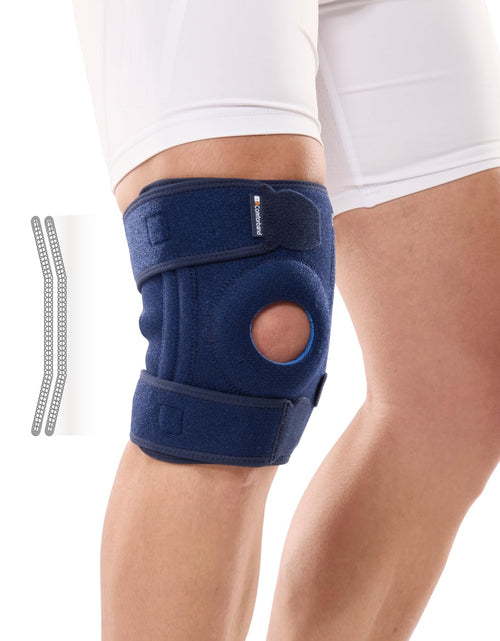 Cargar imagen en el visor de la galería, Comforband Adjustable Knee Brace Support with Side Stabilizer – Patellar Tendon Support for Knee Pain Arthritis Injury Recovery Running Workout - Adjustable Compression Knee Brace for Men &amp; Women (Navy Regular)
