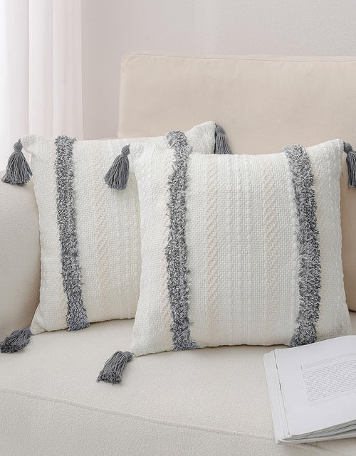 Load image into Gallery viewer, Zufudo Pack of 2 Throw Pillow Covers with Tassels Cotton Boho Modern Decorative Cushion Case for Couch Bedroom 20×20 Inch Grey
