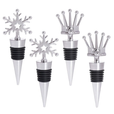 Sucrain 4 Pieces Snowflake Design Wine Bottle Stopper Crown Design Wine Bottle Stopper Alloy Keeping Wine Fresh Wine Stoppers for Christmas Decorative Party Supplies Favors(Crown + Snowflake)