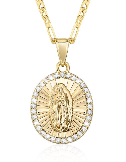 Load image into Gallery viewer, Hisatan 14k Gold Plated Guadalupe Virgin Mary Pendant Necklace for Women Cubic Zirconia Mother Mary Catholic Necklace Virgen de Guadalupe Charm Pendant Lady of Guadalupe Jewelry 18"+2" Chain
