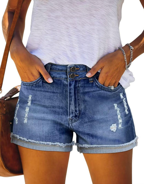 Charger l'image dans la visionneuse de galerie, FEKOAFE Womens Stretchy Blue Jeans Shorts for Summer Denim Shorts for Women High Waisted Jean Shorts Blue Small

