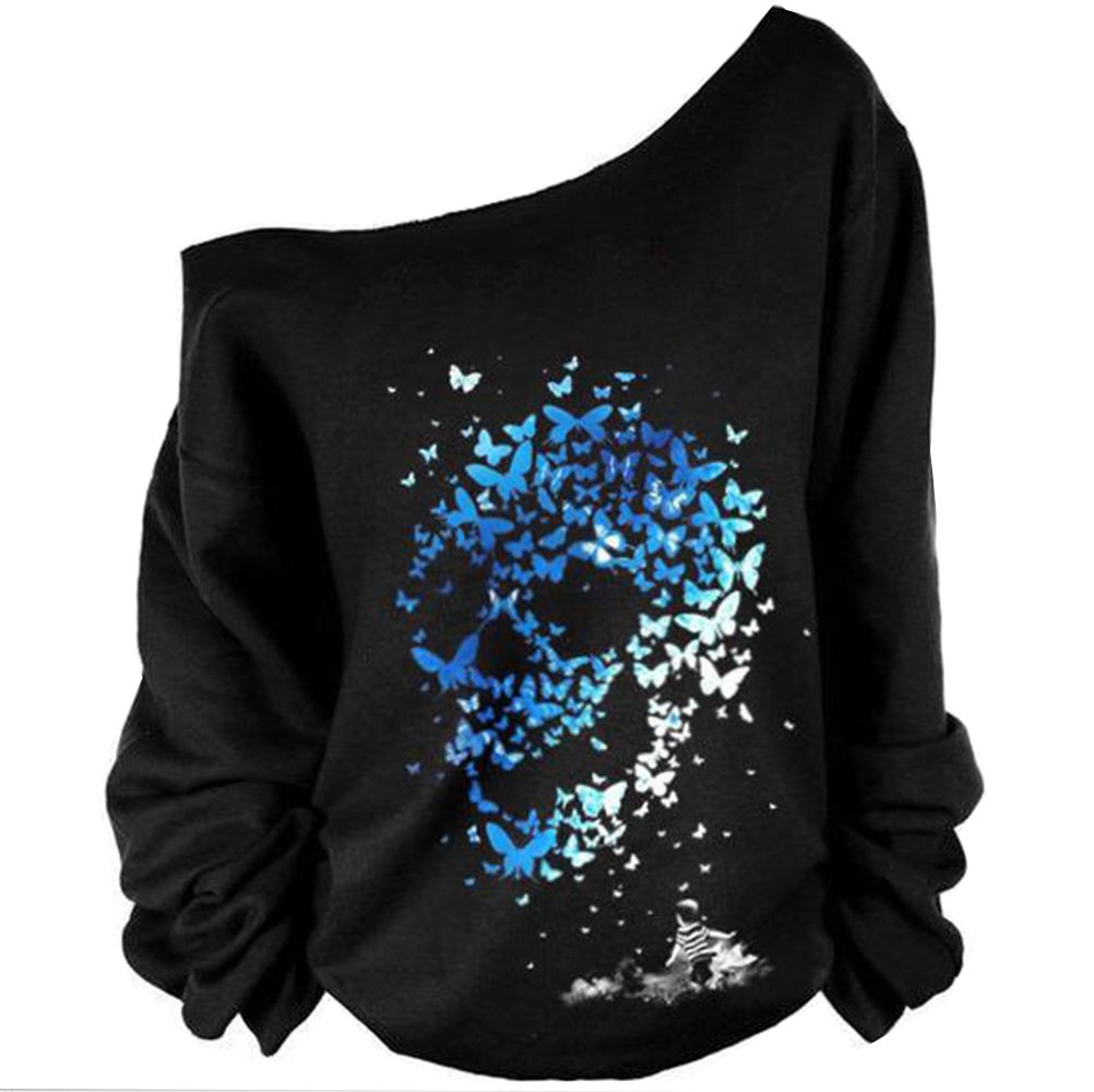 Roshop Womens Loose Baggy Off Shoulder Cute Holiday Long Sleeve Scary Skull Halloween Sweatshirt Tops BL XL Blue