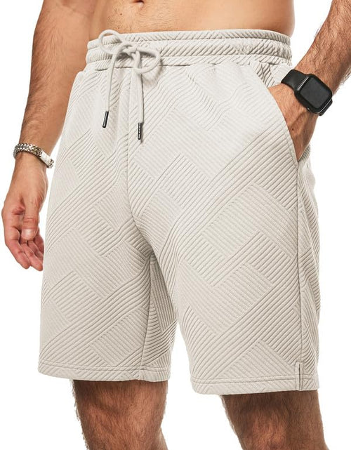 Cargar imagen en el visor de la galería, Dokotoo Men Mens Shorts Casual Elastic Waist Drawstring Geometric Texture Short Summer Beach Vacation Shorts with Pockets Beige S
