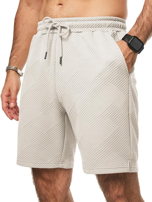 Dokotoo Men Mens Shorts Casual Elastic Waist Drawstring Geometric Texture Short Summer Beach Vacation Shorts with Pockets Beige S