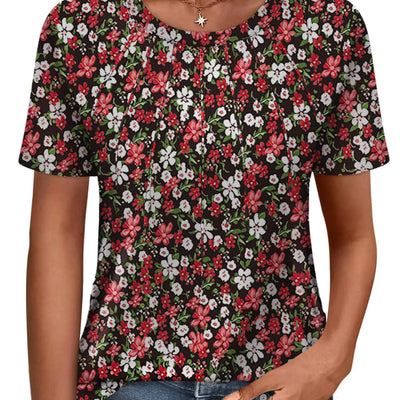 Hauts plissés d'été pour femmes à col rond et manches courtes, imprimé floral, coupe décontractée, t-shirts basiques