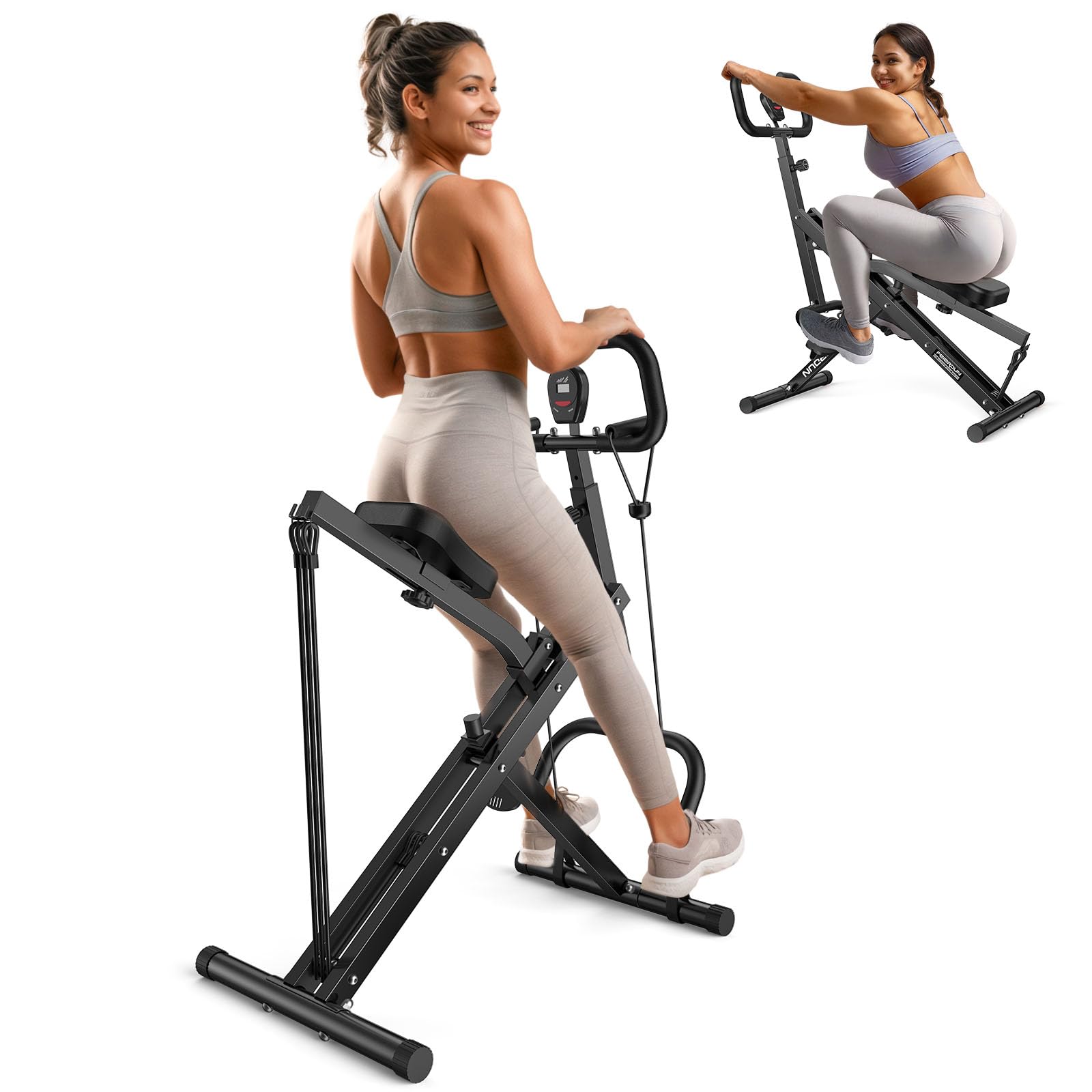 Feierdun Appareil de squat pour la maison, machine d'exercice de base Rodeo, pliable, 330 lb, avec 4 bandes de résistance réglables, appareil de rameur et d'équitation pour fessiers, cuisses, abdominaux, dos, presse à jambes et poussée de hanche