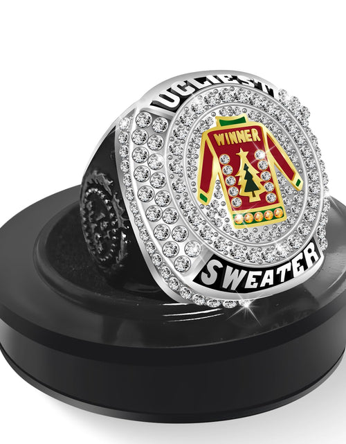 Charger l'image dans la visionneuse de galerie, Tkifoda Christmas Ugly Sweater Trophy Award Prize Medal Ugly Sweater Contest Championship Ring with Neck Chain and Acrylic Display Stand Great for Ugliest Sweater Party Competition Supplies

