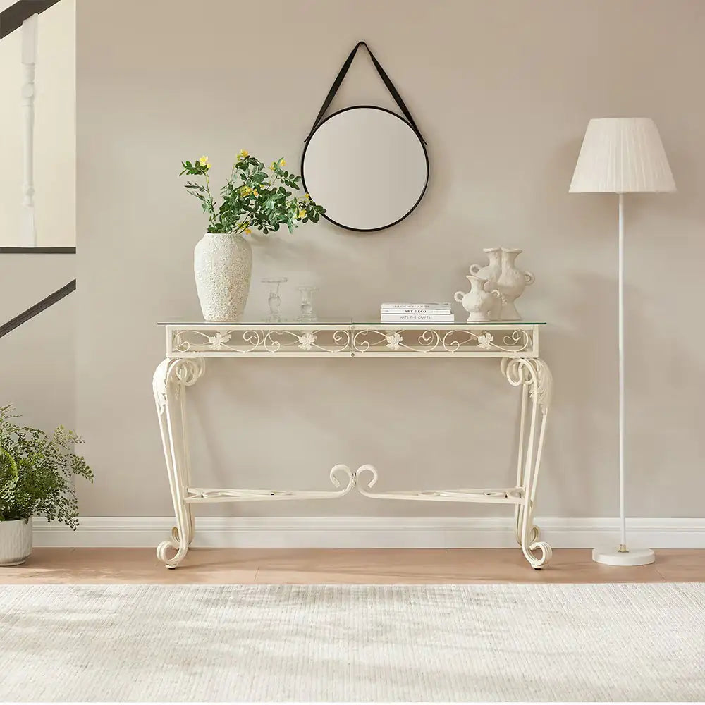 Mesa consola moderna de 2 niveles de cristal templado, mesa de entrada, mesa de sofá con estantes de almacenamiento