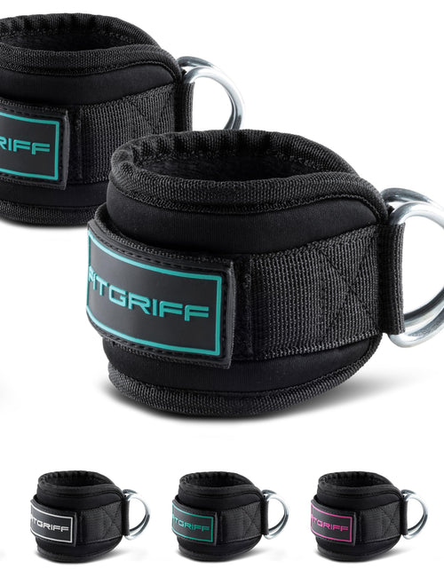 Cargar imagen en el visor de la galería, Fitgriff® Correas de tobillo V3 para máquina de cable (2 unidades) - Equipo de entrenamiento para gimnasio - Correas de polea para patadas (Negro/Cian)
