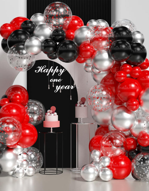 Cargar imagen en el visor de la galería, Kit de arco de globos rojos y negros, kit de guirnalda de globos de 140 piezas negros, plateados y rojos, kit de globos cromados plateados para cumpleaños, fiesta de Año Nuevo
