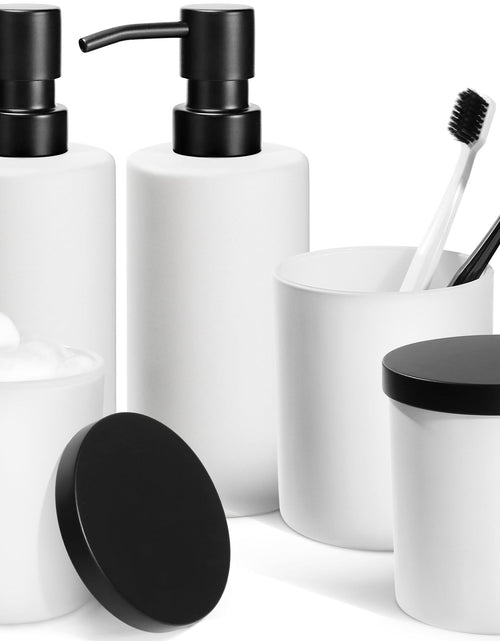 Cargar imagen en el visor de la galería, ALPIRIRAL White Bathroom Accessories Set 5 Pcs Bathroom Accessories Set Glass Soap Dispenser and Toothbrush Holder Set Qtip Holder and Cotton Ball Holder Modern Bathroom Decor Sets
