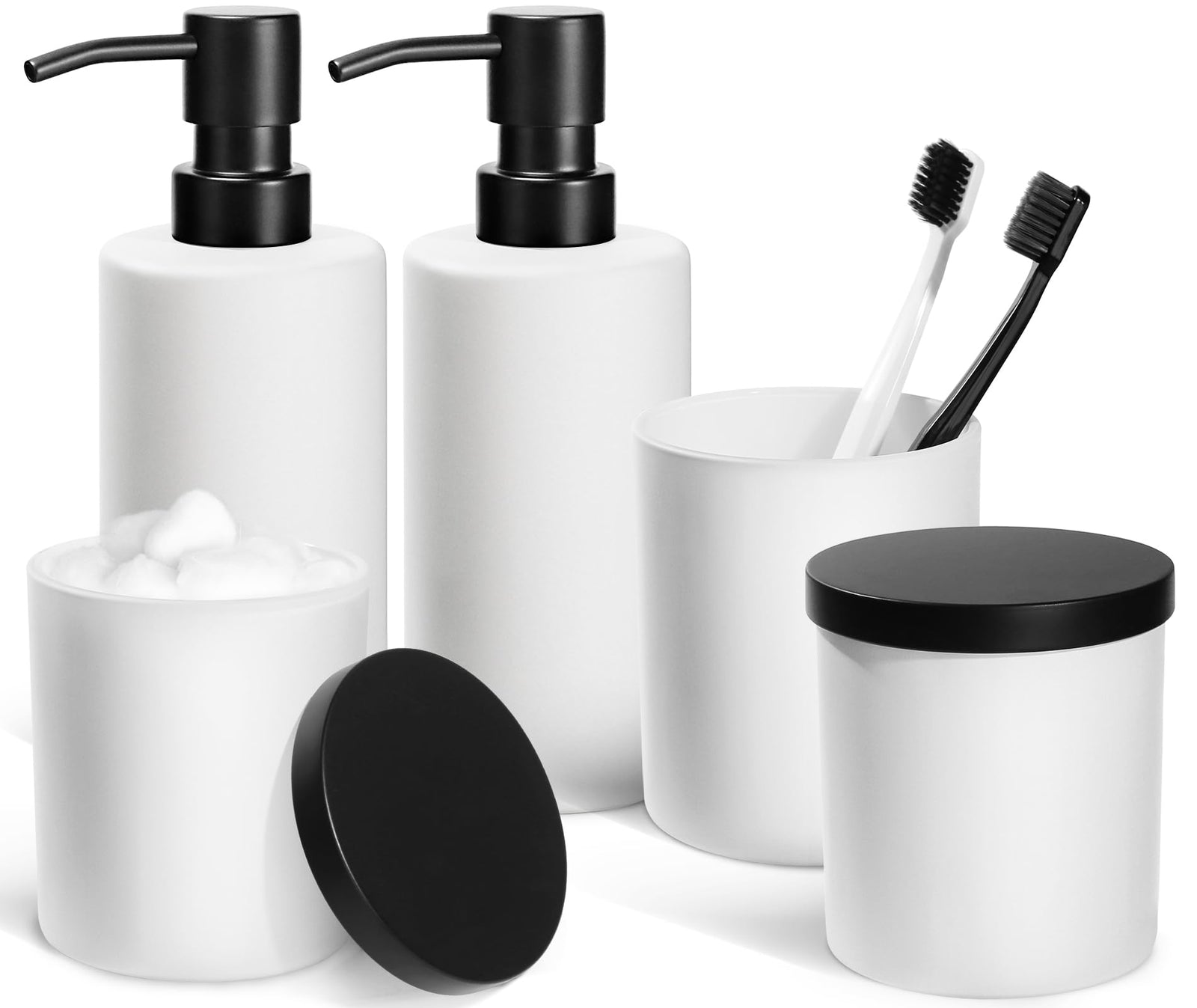 ALPIRIRAL White Bathroom Accessories Set 5 Pcs Bathroom Accessories Set Glass Soap Dispenser and Toothbrush Holder Set Qtip Holder and Cotton Ball Holder Modern Bathroom Decor Sets