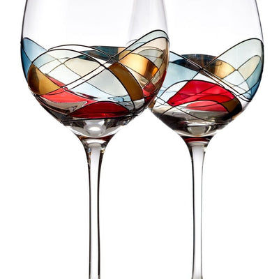 Bezrat Red Wine Glasses Set of 2 Unique Hand Painted Wine Glasses Drinkware Essentials 11" H 28oz Wine Lover Large Wine Glass Glassware Gifts Ideas for Women Inspired by The Duomo di Milano