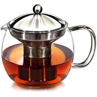 Théière avec infuseur pour thé en vrac - Théière en verre transparent de 1,2 litre (40 oz) avec infuseur de thé pour 3-4 tasses, passoire et réchaud - Pour thé glacé et à infuser en vrac