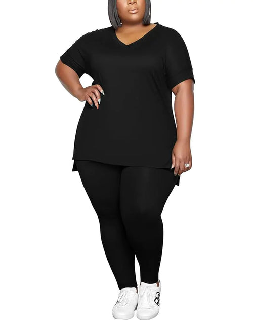 Load image into Gallery viewer, PINSV Womens Plus Size 2 Piece Outfits Sweatsuits Short Sleeve Tshirts Long Pants Tracksuit Loungewear Sets Black 5XL
