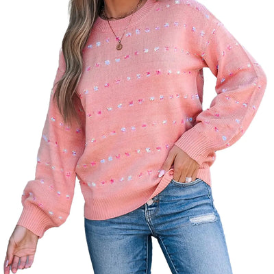 CUPSHE Suéteres de cuello redondo para mujer, manga larga, de punto acogedor, estampado de lunares de arcoíris, suéter rosa XL