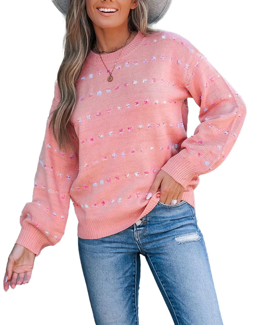 Cargar imagen en el visor de la galería, CUPSHE Suéteres de cuello redondo para mujer, manga larga, de punto acogedor, estampado de lunares de arcoíris, suéter rosa XL

