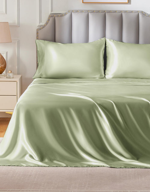 Load image into Gallery viewer, FreshCulture Satin Sheets Full Size Silky Soft Satin Bed Sheets 4 Psc Sage Satin Sheets with Deep Pocket Similar to Silk Sheets Luxury Silk Feel Satin Full Sheets Set Sage
