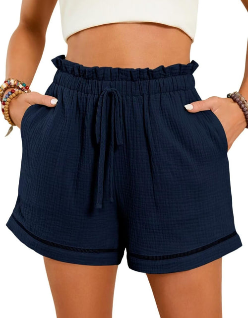 Load image into Gallery viewer, FMIRREO Shorts for Women Summer Linen Shorts Womans Shorts Casual Summer Clothes Ladies Short Pull On Womens Drawstring Lounge Shorts with Pockets Navy Small
