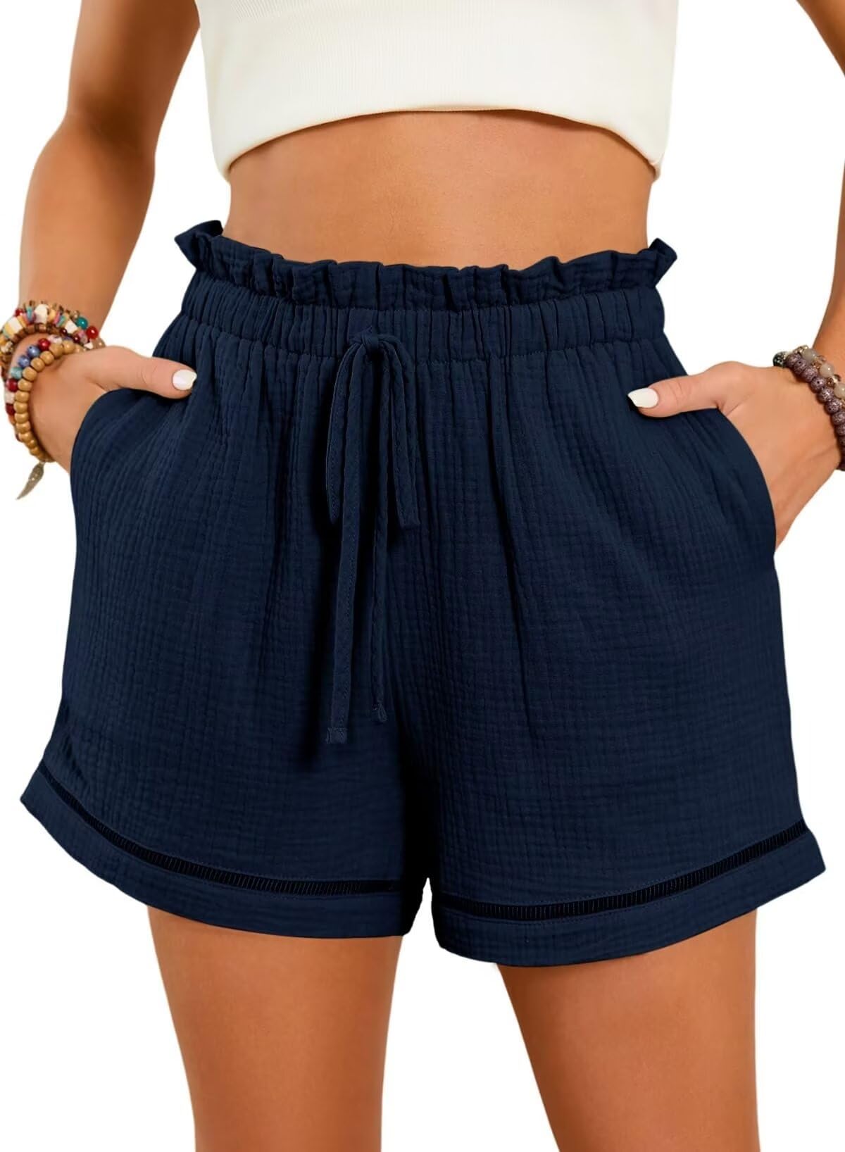 FMIRREO Shorts for Women Summer Linen Shorts Womans Shorts Casual Summer Clothes Ladies Short Pull On Womens Drawstring Lounge Shorts with Pockets Navy Small
