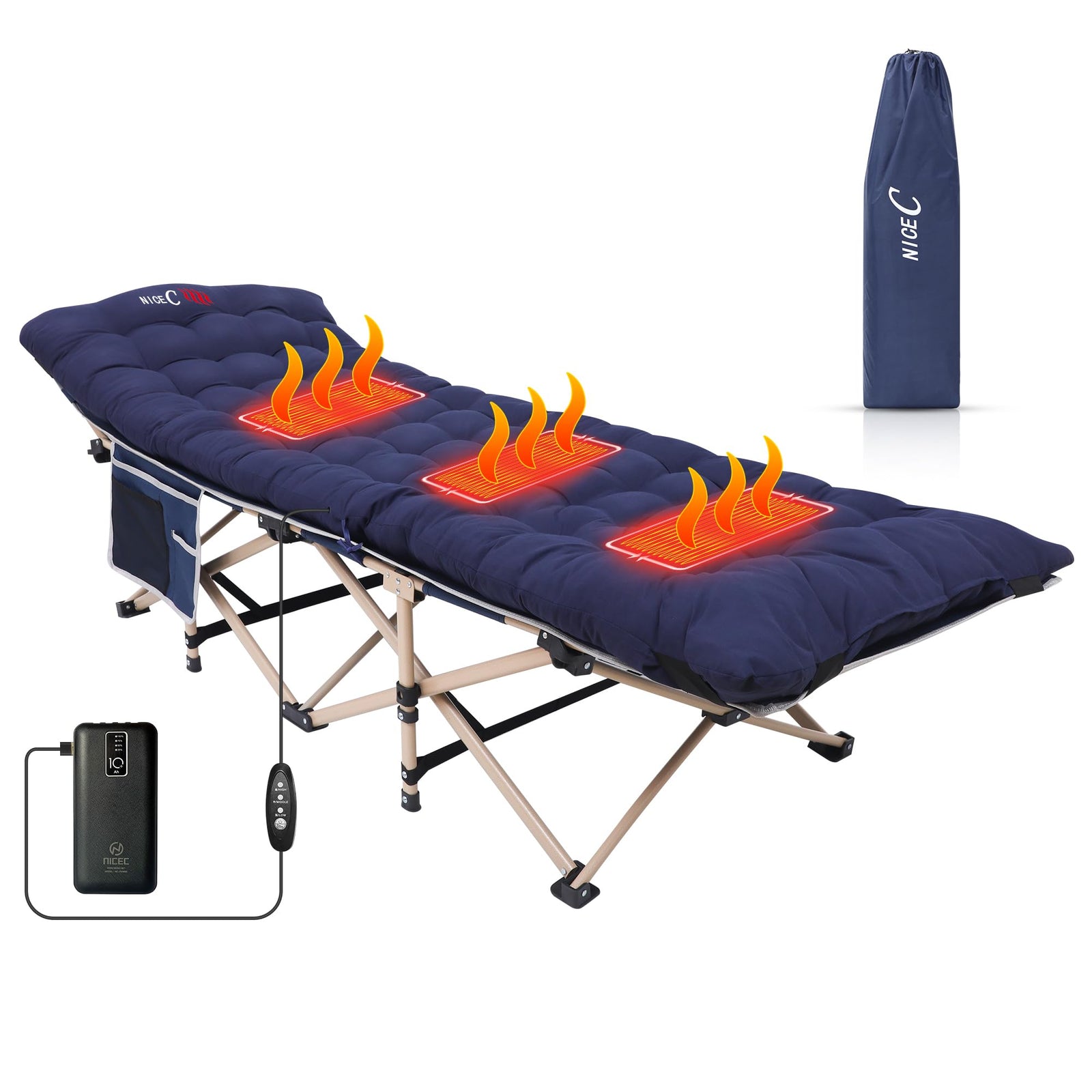 Nice C Camping Cots Camping Cots with Mattress for Adults Folding Cot with Pillow Carry Bag & Storage Pocket Extra Wide Sturdy Holds Up to 500 Lbs (1 Heated Mattress Navy)