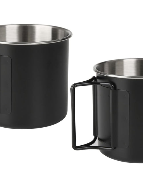 Cargar imagen en el visor de la galería, Wsaikis Tazas de camping con asas plegables Juego de 2 tazas de camping Tazas de café de acero inoxidable Tazas de camping portátiles de 12 oz para pícnic al aire libre, senderismo, mochilero (negro)
