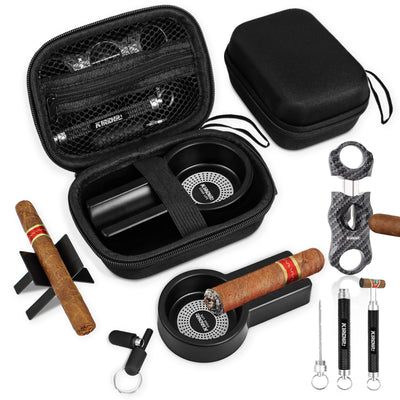 Multifunctional Cigar Accessories 5-in-1 Kit - V Cigar Cutter Cigar Draw Enhancer Tool Cigar Ashtray Cigar Holder Cigar Punch with Accessory Bag for Smoking Travel Outdoor Cigar Gifts for Men