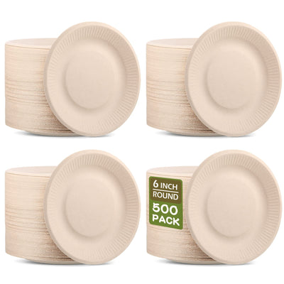 Mimorou 500 Counts Disposable Paper Plates Bulk Heavy Duty Sugarcane Brown Paper Plates Bulk Small Dessert Party Appetizer Cakes Restaurant Party Supplies (6 Inch)