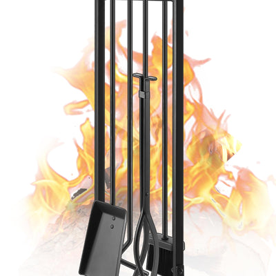 Juego de herramientas para chimenea Gtongoko Premium de 5 piezas de hierro forjado para exteriores/interiores. El juego de herramientas para chimenea incluye atizador, tenazas, pala, cepillo y soporte. Juego de accesorios. Negro.