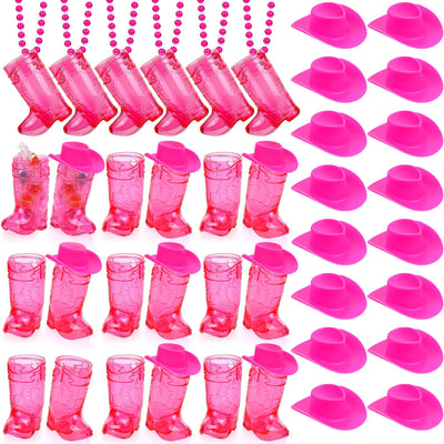 durony 72 Pieces Hot Pink Mini Cowgirl Boot Glasses on Beaded Necklace Mini Western Cowgirl Hat and Plastic Cowgirl Shot Glass Cups Bachelorette Glasses for Bachelorette Carnival Party Birthday
