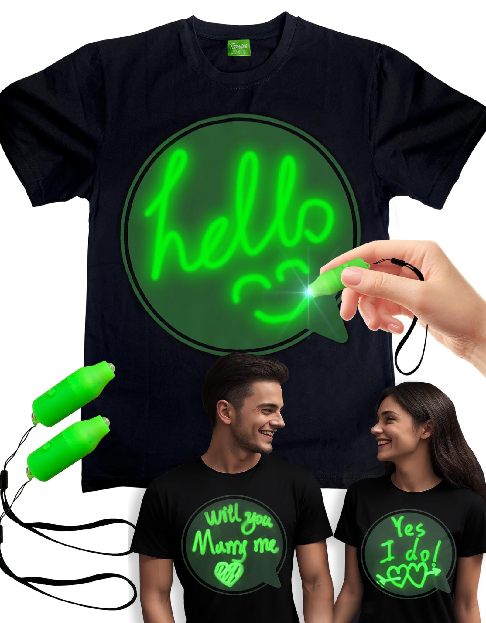 tismilek T-shirt unisexe phosphorescent Lumineux pour femme T-shirts phosphorescents à personnaliser pour homme Tenue fluo pour soirée Taille L T-shirts phosphorescents pour femme et homme