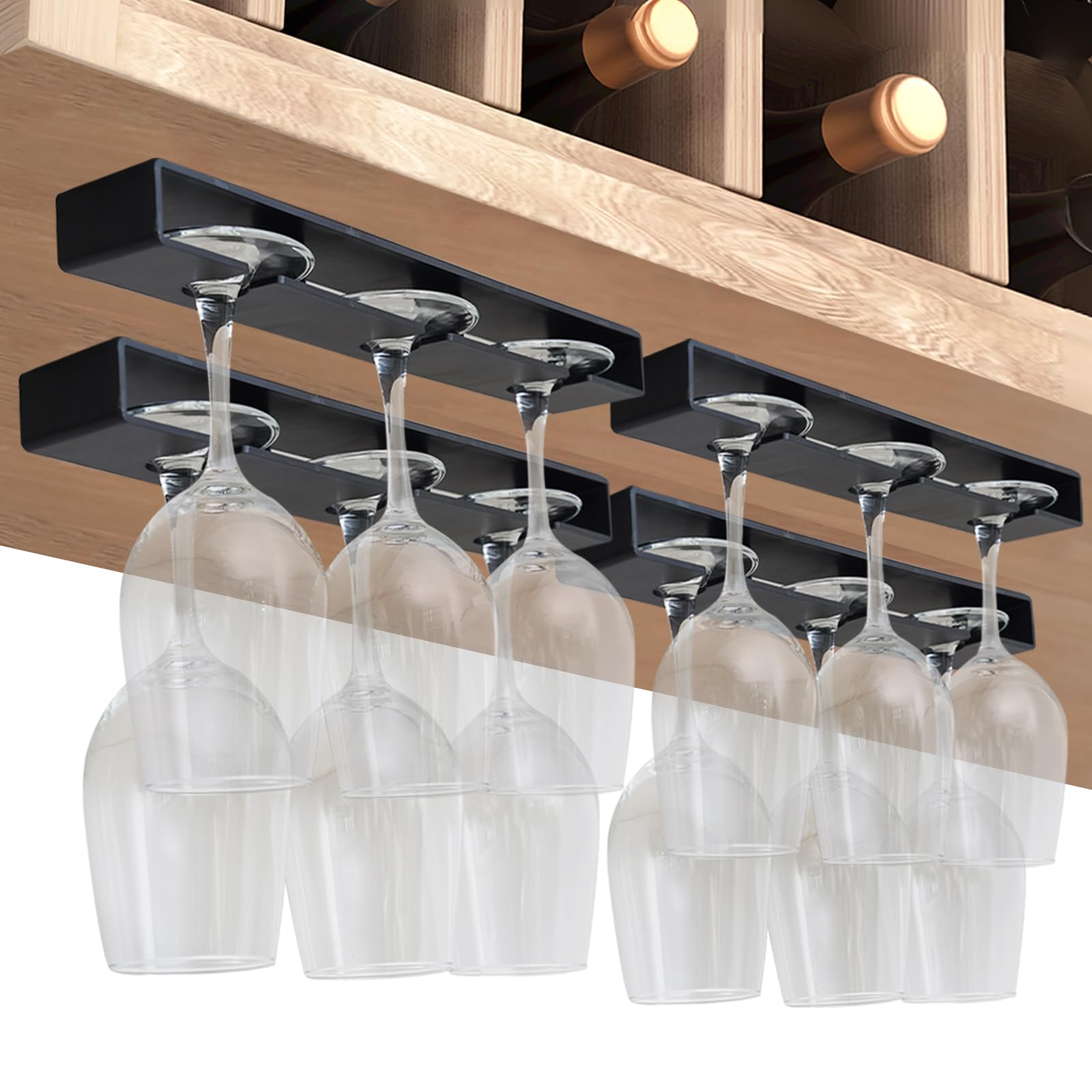 Vaisoeny Wine Glass HolderWine Glass Rack 4 PackNo Drilling Wine Glass Holder Under Cabinet Hanging Stemware Rack Organizer Hanger for Bar Cabinet Kitchen（Black）