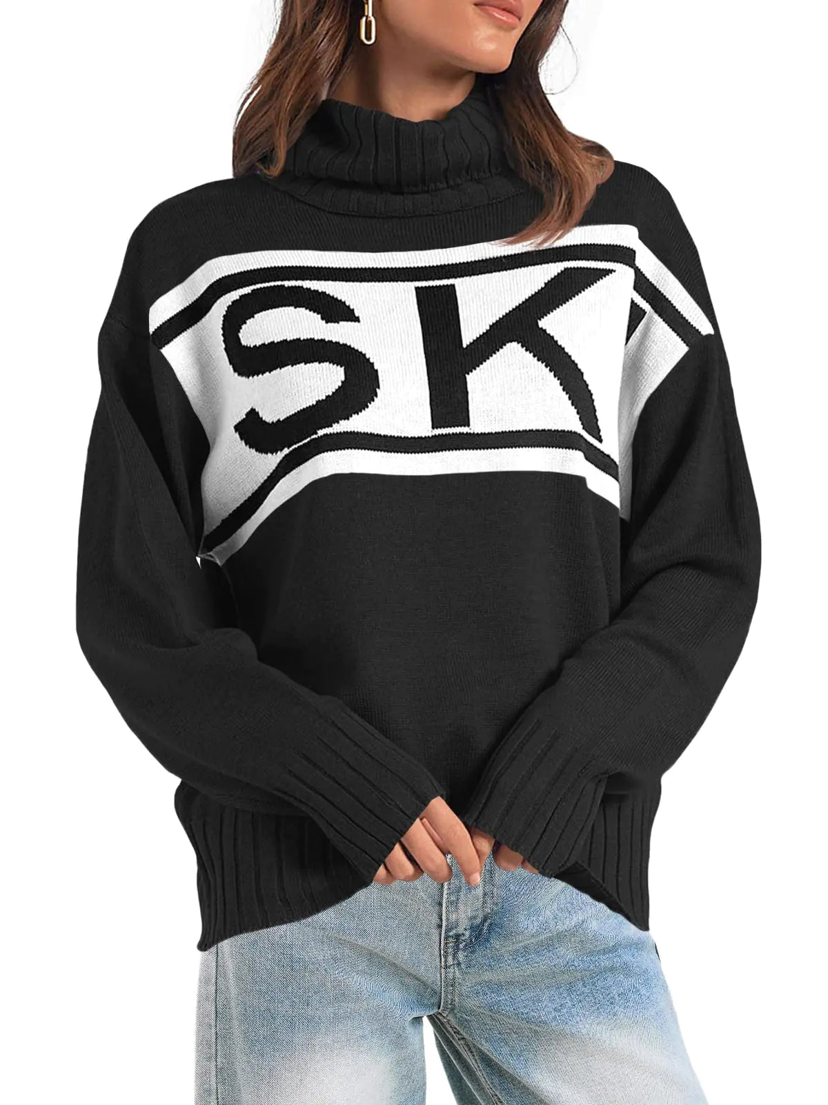 Saodimallsu Womens Turtleneck Sweaters Ski Print Long Sleeve Loose Ribbed Knit Color Block Trendy Pullover Tops Black
