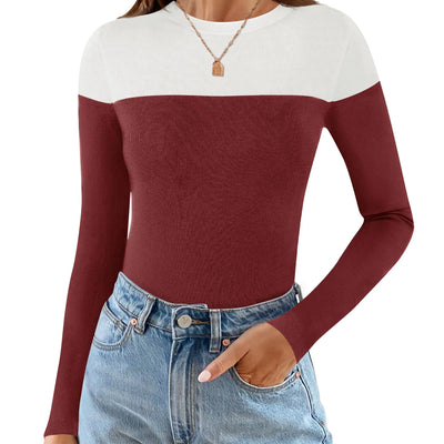 ZESICA Womens Long Sleeve Crewneck Shirts Spring Knit Color Block Sweaters Slim Fitted Casual Basic Tee TopsWine RedSmall