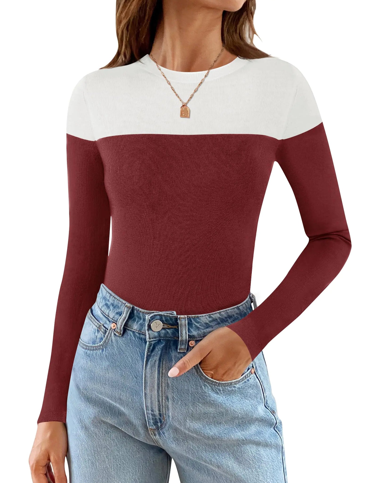 ZESICA Womens Long Sleeve Crewneck Shirts Spring Knit Color Block Sweaters Slim Fitted Casual Basic Tee TopsWine RedSmall