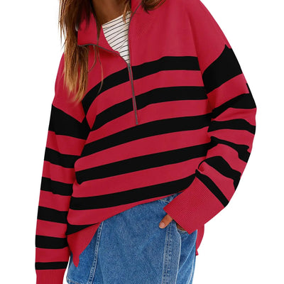 Yousify Sweaters for Women 2024 Winter Long Sleeve Quarter Zip Pullovers Turtleneck Striped Loose Jumper Tops Red