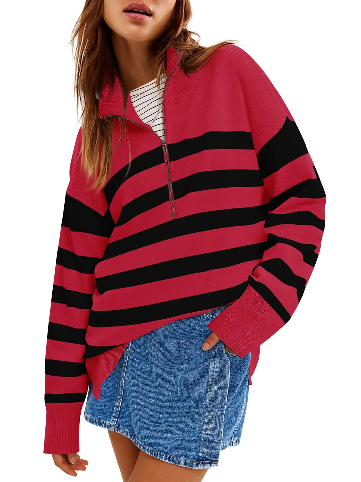 Yousify Sweaters for Women 2024 Winter Long Sleeve Quarter Zip Pullovers Turtleneck Striped Loose Jumper Tops Red
